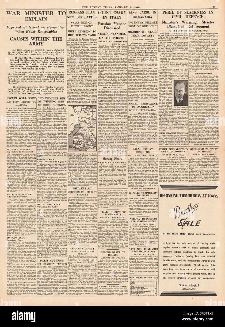 1940 Sunday Times pagina 9 Hoare- Belisha dimissioni Foto Stock