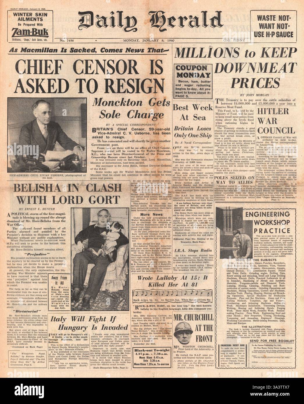 1940 Front Page Daily Herald Chief Censor Cecil Usborne ha chiesto di dimettersi, l'affare Hoare Belisha e ha inizio il razionamento del cibo Foto Stock
