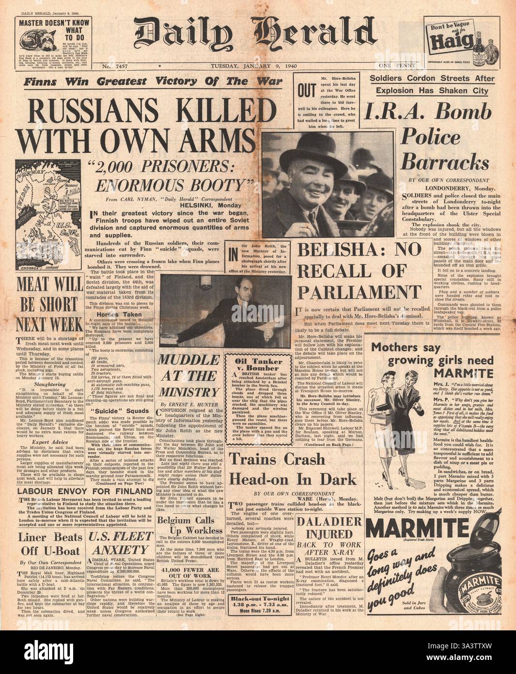 1940 Front page Daily Herald finlandese della vittoria su esercito russo Foto Stock