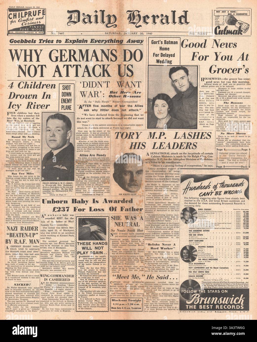 1940 front page Daily Herald Joseph Goebbels discorso Foto Stock