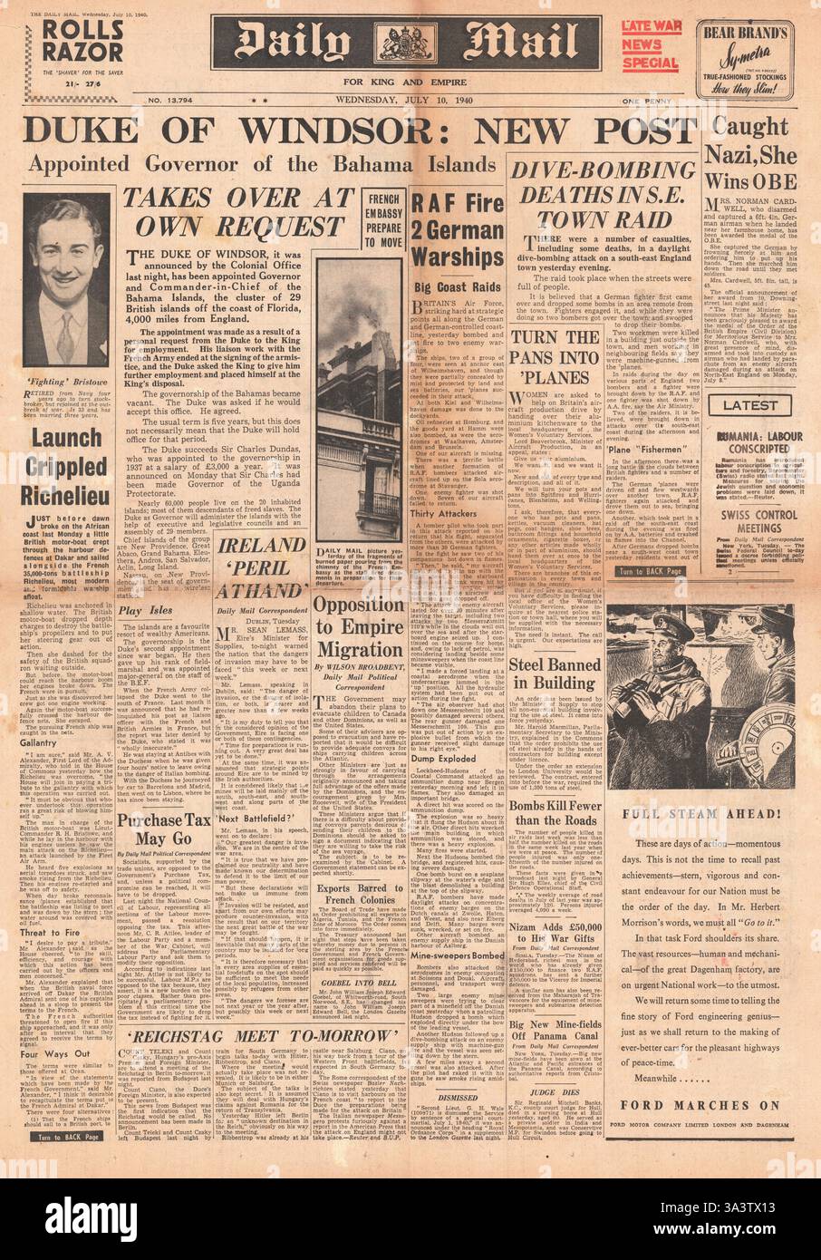 1940 front page Daily Mail Duca di Windsor nominato Govenor delle isole Bahama Foto Stock