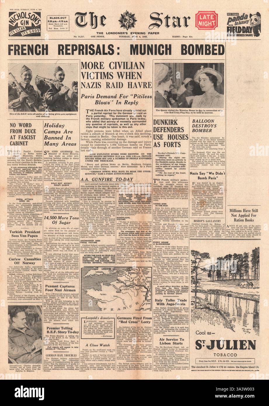 1940 prima pagina The Star (Londra) rappresaglie dell'aeronautica francese e bombardamenti su Monaco Foto Stock