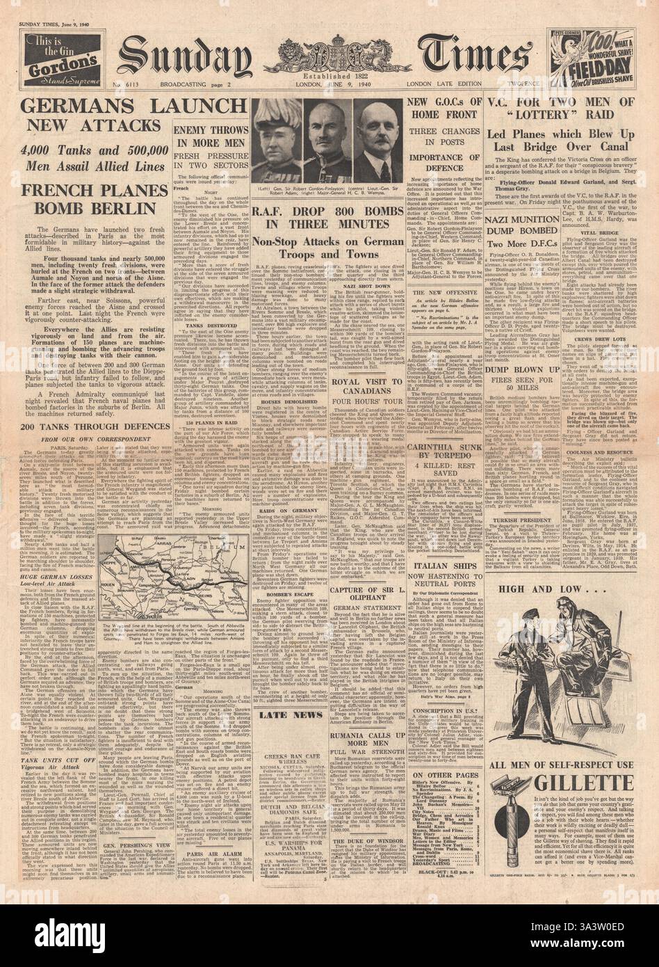 1940 prima pagina del Sunday Times le forze tedesche attraversano il fiume Aisne ma con pesanti perdite e aerei navali francesi bombardano Berlino Foto Stock