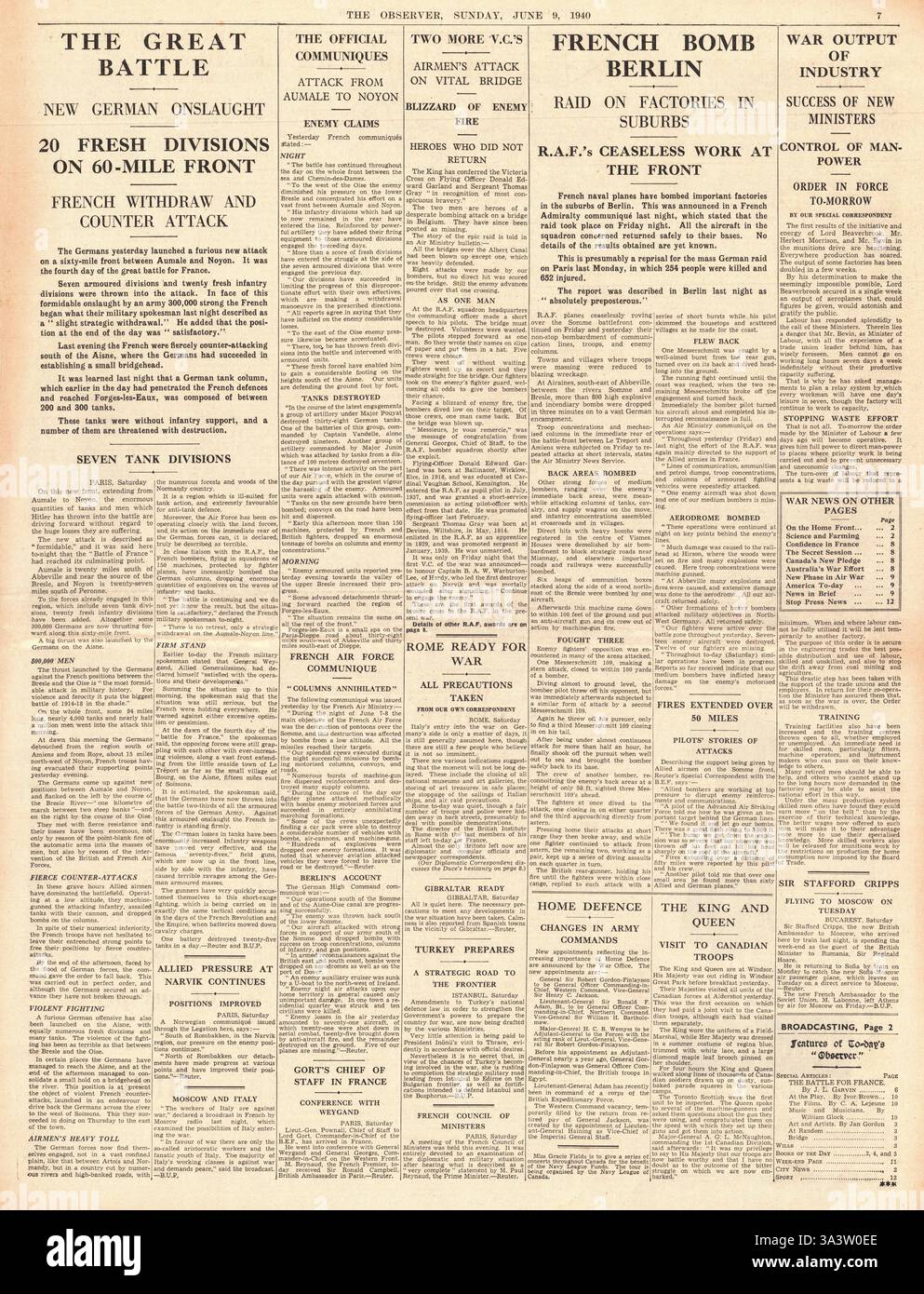 1940 The Observer pagina 7 le forze tedesche attraversano il fiume Aisne ma con pesanti perdite e aerei navali francesi bombardano Berlino Foto Stock