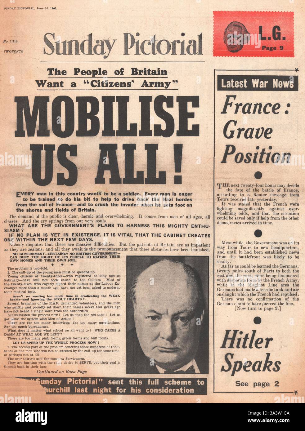 1940 front page pittorica domenica 'Mobilise tutti noi!" Foto Stock