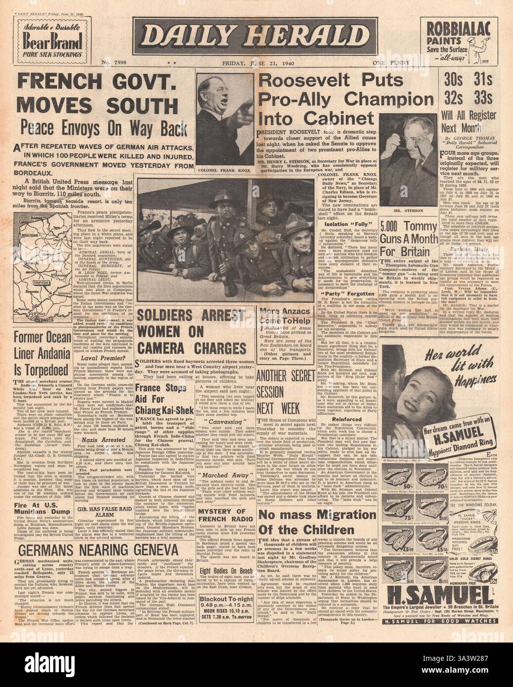1940 front page Daily Herald governo francese si sposta a sud Foto Stock