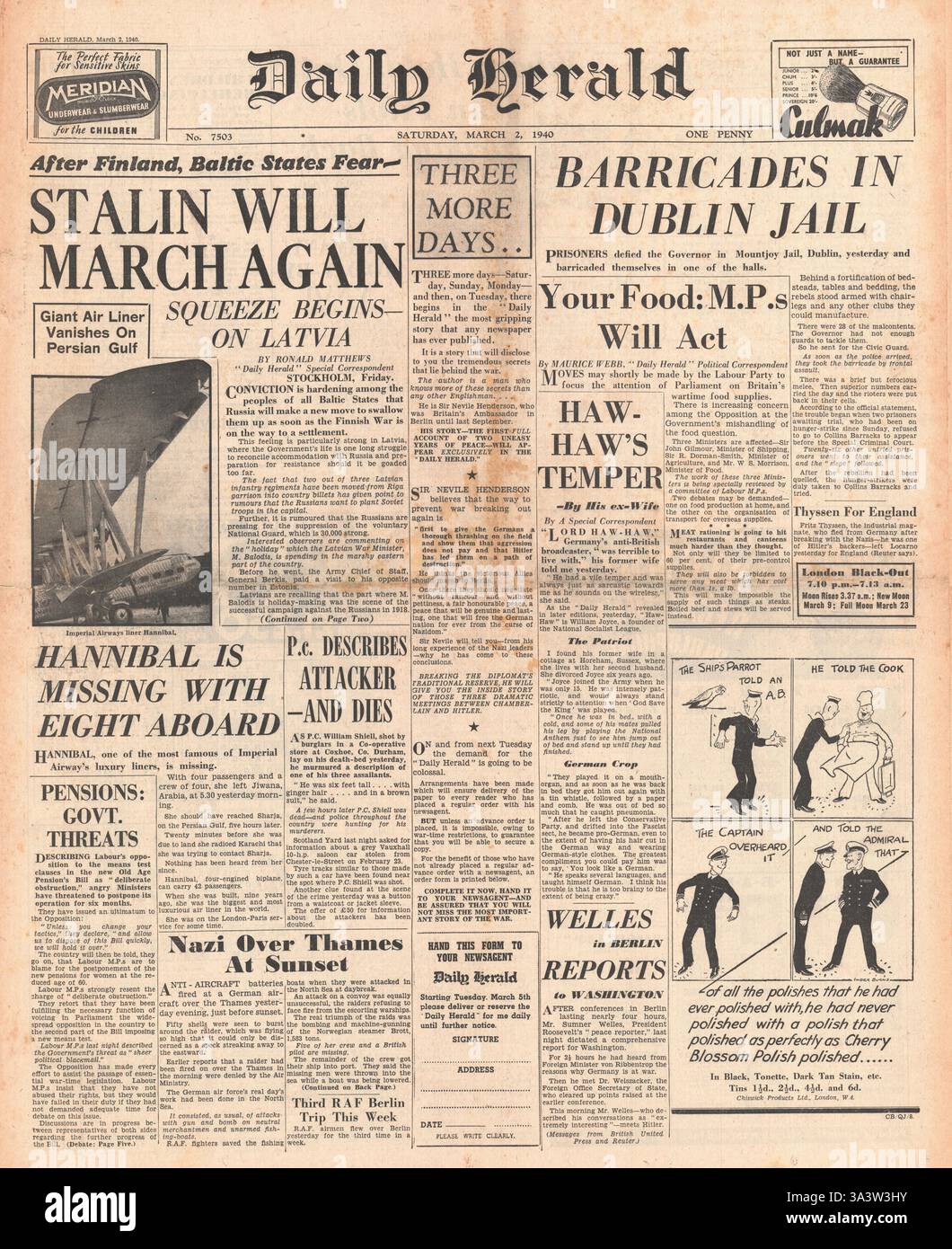 1940 prima pagina del Daily Herald disordini nella prigione di Mountjoy a Dublino, e la Russia minaccia gli Stati baltici Foto Stock