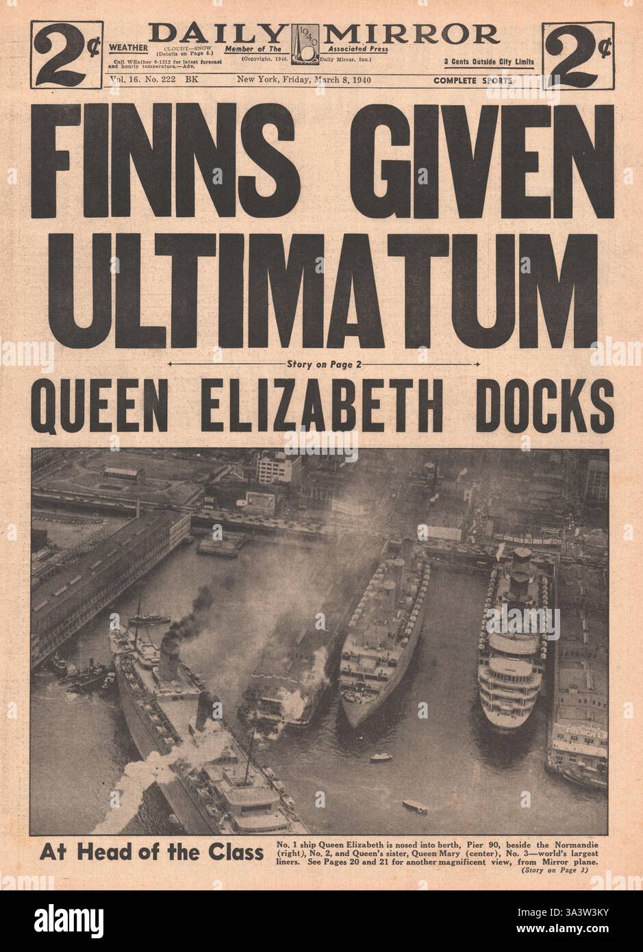 1940 prima pagina Daily Mirror (New York) l'ultimatum russo alla Finlandia e Liner Queen Elizabeth attracca nel porto di New York Foto Stock