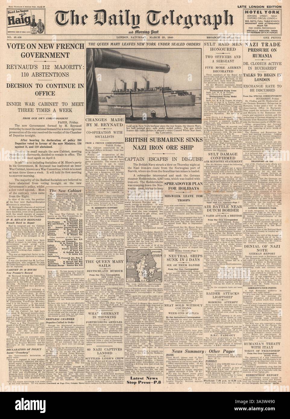 1940 prima pagina del Daily Telegraph il nuovo governo francese sotto Paul Reynaud e Liner Queen Mary parte da New York Foto Stock