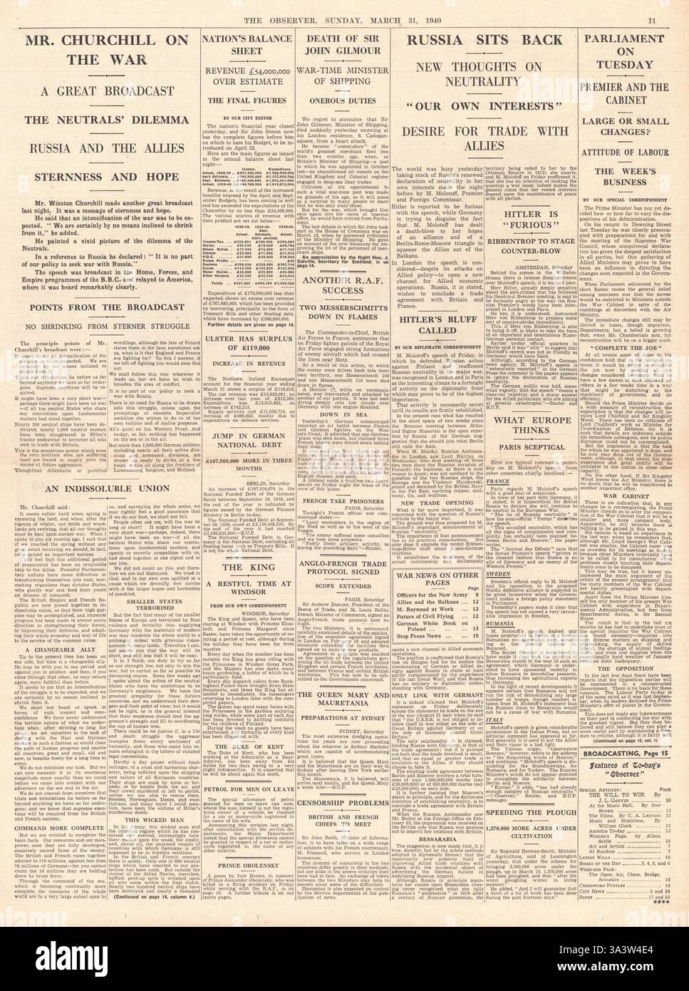 1940 page 11 The Observer Churchill trasmette sullo sforzo bellico, la dichiarazione sovietica di neutralità e la morte di Sir John Gilmour Foto Stock