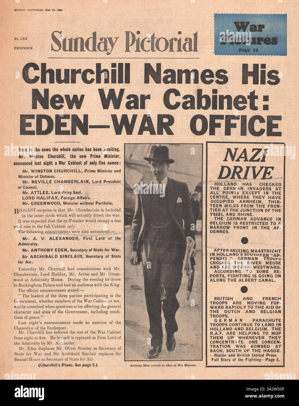 1940 front page domenica pittorica nomi Churchill il suo nuovo Governo di guerra Foto Stock
