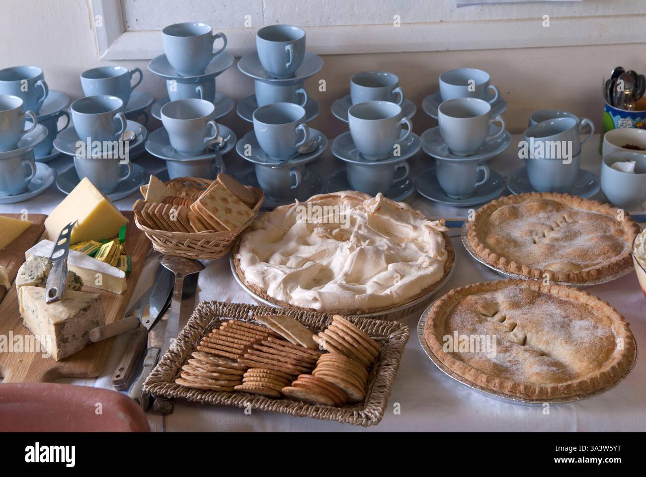 La squadra inglese di cricket offre tè, formaggio e biscotti, tazze e piattini vuoti, budini, torte, tutto pronto per essere servito nel padiglione del cricket del villaggio. Ebernoe, Sussex, Inghilterra. 2010S 2015 UK HOMER SYKES Foto Stock