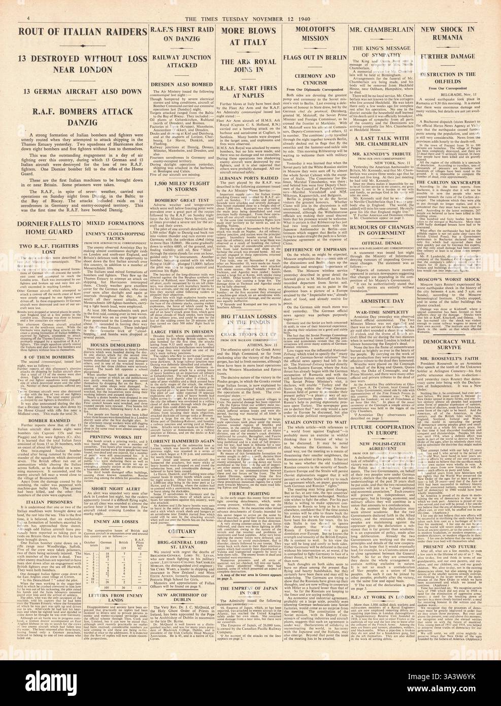 1940 page 4 The Times Italian Air Force raid contro la Gran Bretagna e la RAF bombardano Dresda e Danzica Foto Stock 1940 page 4 The Times Italian Air Force raid contro la Gran Bretagna e la RAF bombardano Dresda e Danzica Foto Stock