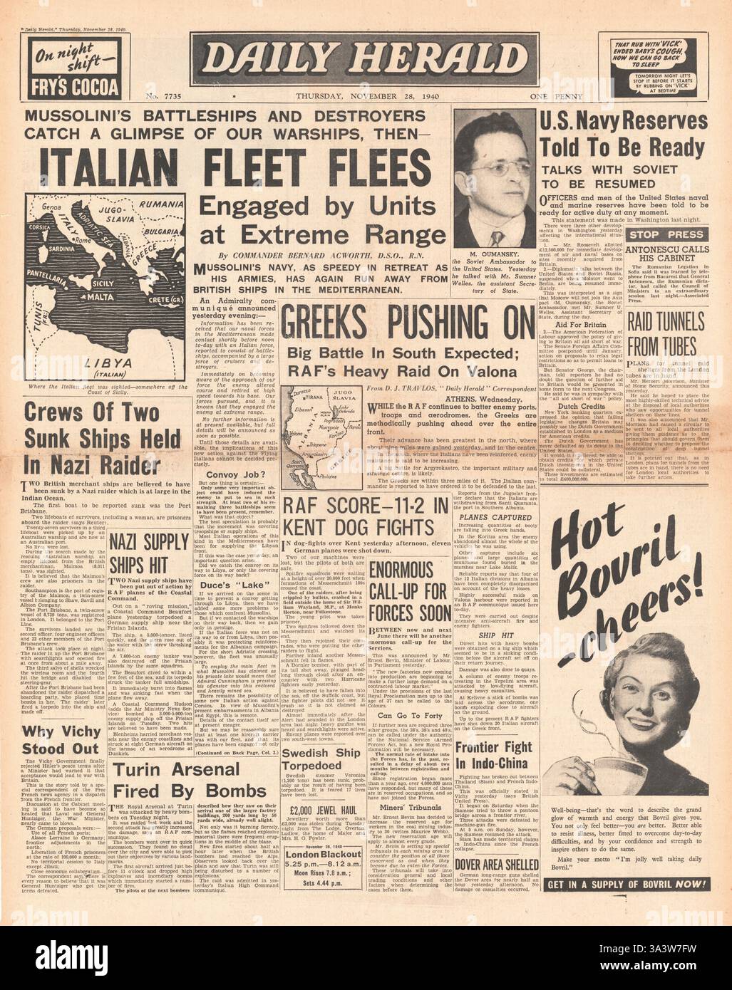 1940 front page Daily Herald Marina Militare Italiana ritiri per la sicurezza Foto Stock