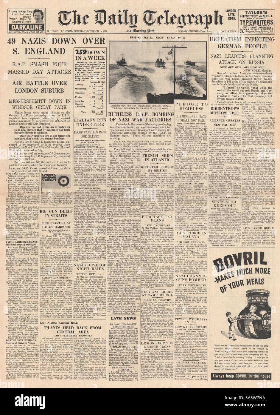 1940 prima pagina del Daily Telegraph Air Battles sull'Inghilterra e la RAF bombardano le fabbriche tedesche Foto Stock