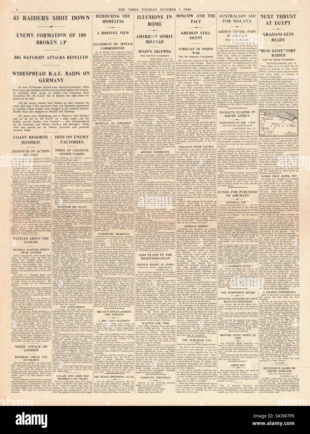 1940 page 4 The Times Air combatte sul sud-est dell'Inghilterra e riospitare i senzatetto Foto Stock