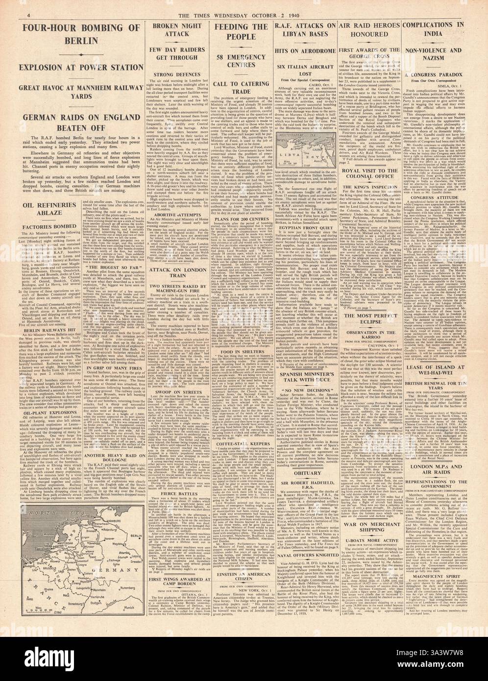 1940 page 4 The Times Air combatte sul sud-est dell'Inghilterra e rehousing dei senzatetto e dei bombardamenti della RAF su Berlino Foto Stock