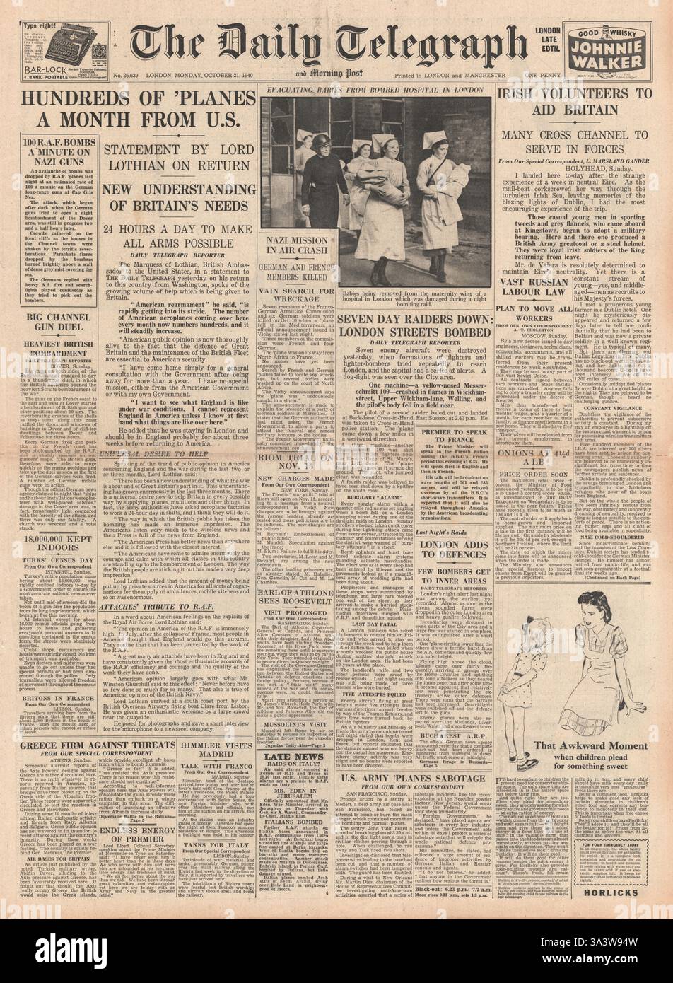 1940 prima pagina del Daily Telegraph gli aerei della guerra degli Stati Uniti arrivano in Gran Bretagna e volontari irlandesi per aiutare la Gran Bretagna Foto Stock