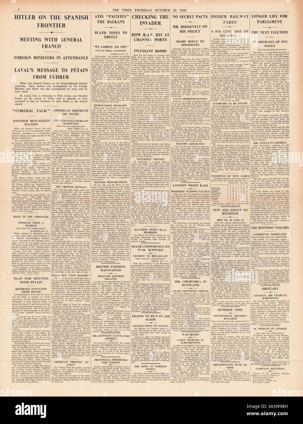 1940 Pagina 4 Tempi Hitler incontra il Franco francese - confine spagnolo Foto Stock
