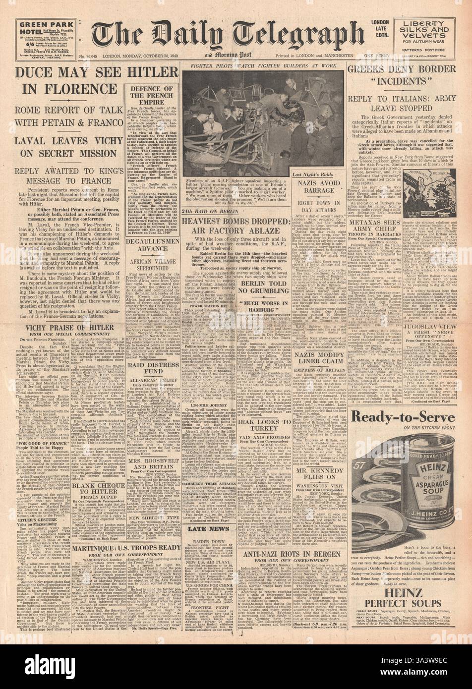 1940 prima pagina del Daily Telegraph Mussolini potrebbe incontrare Hitler a Firenze e bombardamenti della RAF a Berlino Foto Stock