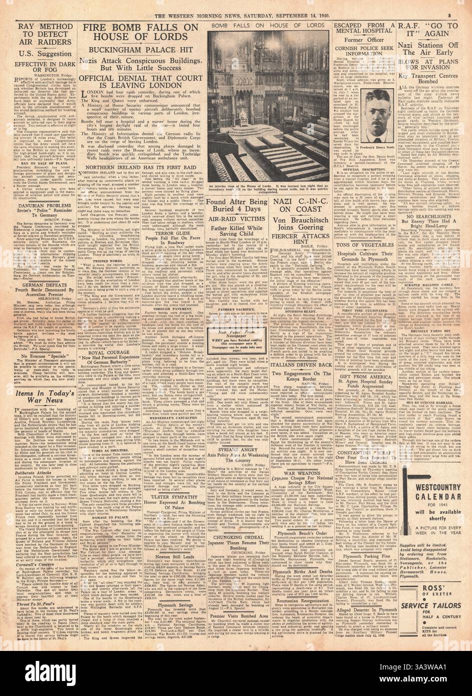 1940 pagina anteriore Western Morning News bombe cadono su House of Lords Foto Stock
