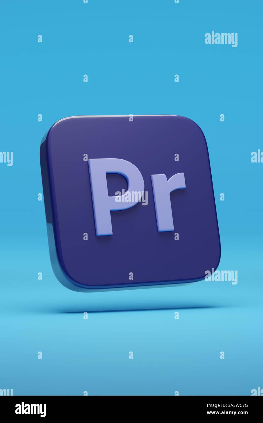 Buenos Aires, Argentina - 16 marzo 2025: Logo tridimensionale di Premiere Pro. illustrazione 3d. Foto Stock