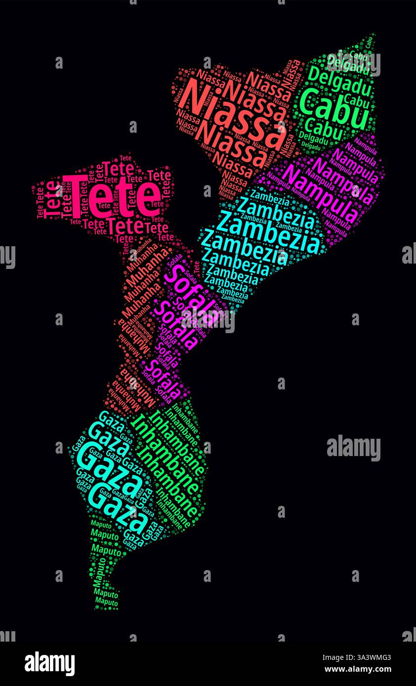 Cloud Word in Mozambico. Nomi delle regioni del paese in lingua portoghese. Design luminoso in stile neon su sfondo scuro. Illustrazione Vettoriale