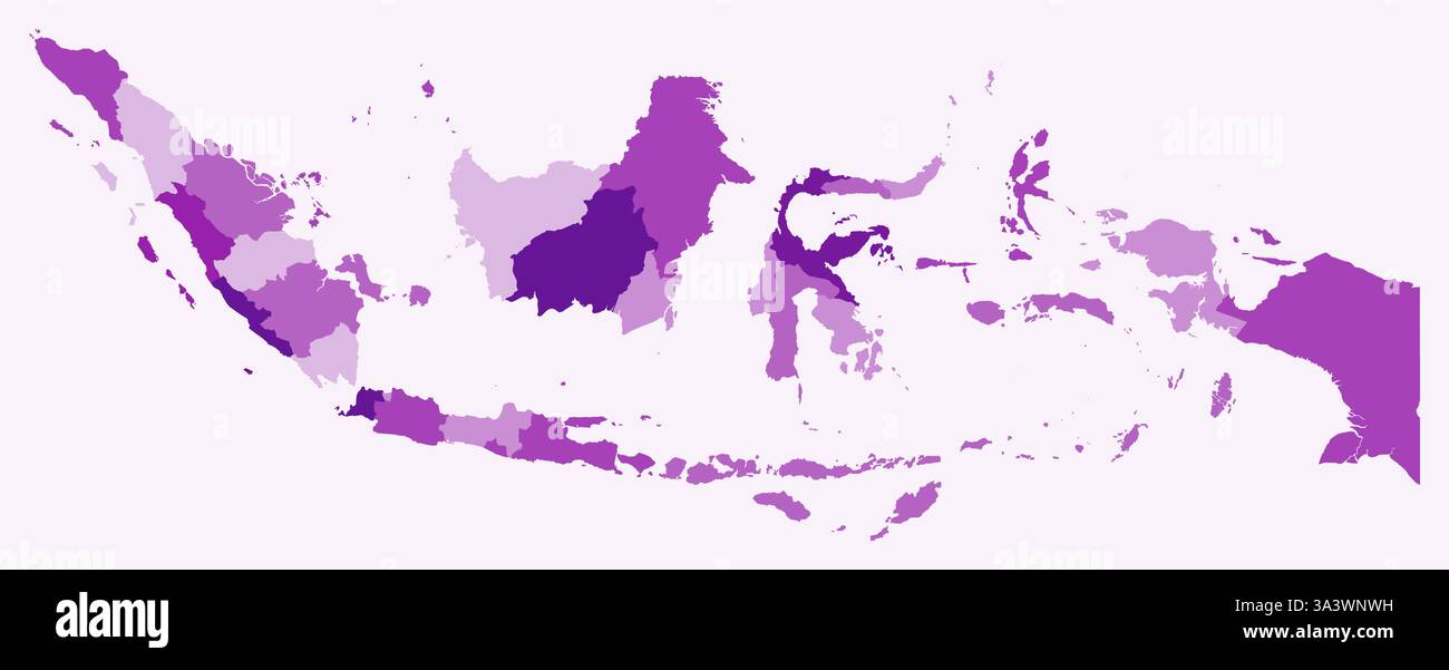 Mappa dell'Indonesia con le regioni. Solo una semplice mappa di confine con la divisione della regione. Tavolozza dei colori viola. Illustrazione Vettoriale