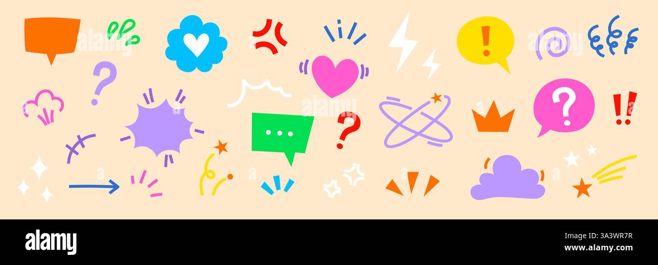 Set di icone di elementi di effetto fumetto fumettistico con fumetti. Fumetto simpatico, emoji, scintilla stellare, icona vettoriale cartoni animati movimento linea. Delinea il cuore di doodle, la freccia, la scintilla divertente. Illustrazione vettoriale Illustrazione Vettoriale