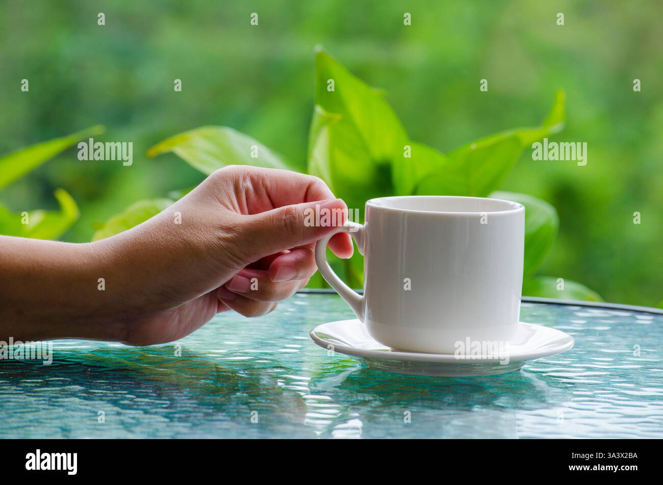 Mano che regge una tazza con spazio personalizzabile per il mockup. Foto Stock