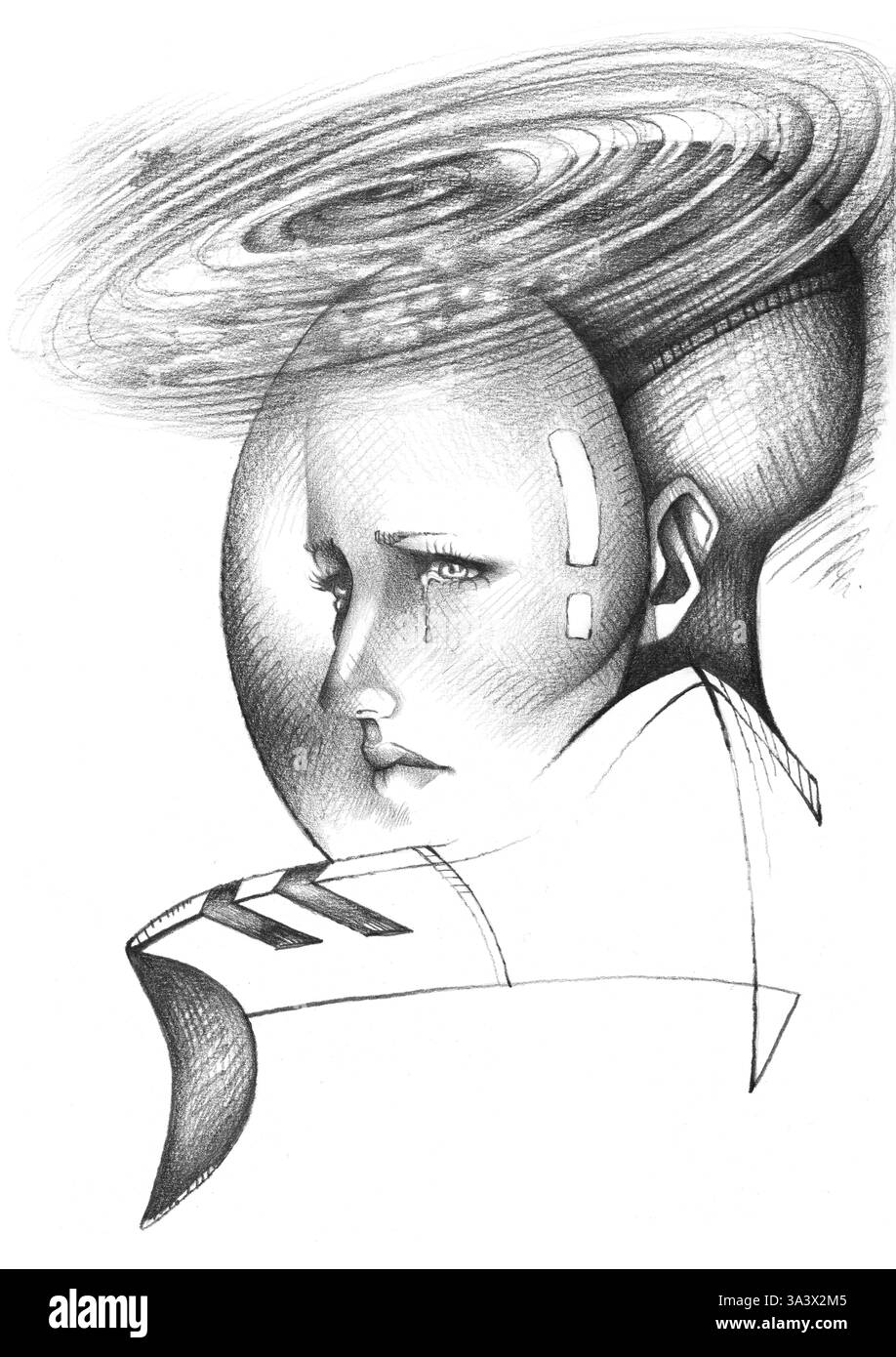 Disegno di grafite di un astronauta con un aspetto deluso Foto Stock