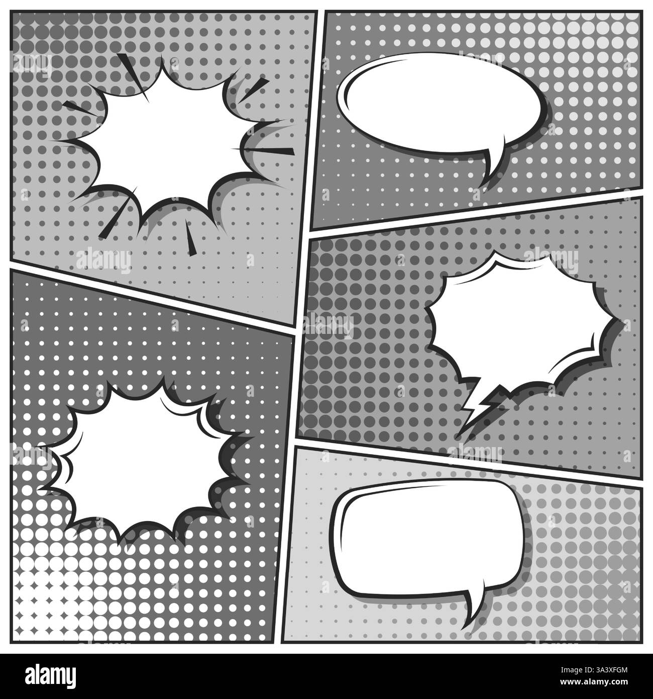 Sfondo fumettistico dei cartoni animati. Bolla del discorso. Poster in bianco e nero del libro di fumetti con elementi mezzitoni. Stile Pop Art retrò. Illustrazione vettoriale Illustrazione Vettoriale