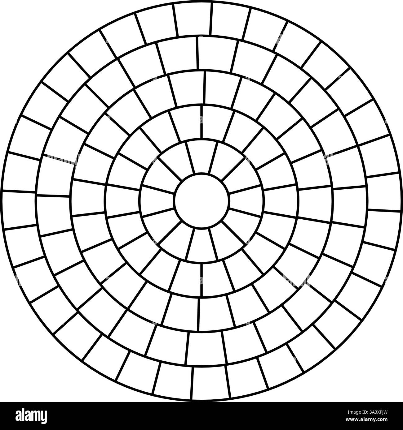 Tessera con motivo circolare pavimentato. Mosaico circolare in mattoni. Pavimentazione in pietra radiale rotonda. Piastrelle di pavimentazione struttura semplice del pavimento. Linea nera. Illustrazione vettoriale Illustrazione Vettoriale