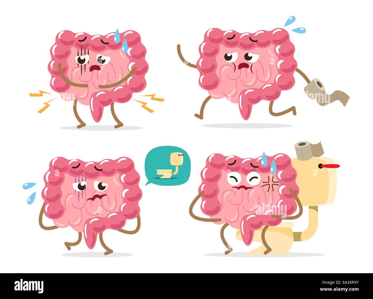 Collezione di personaggi dei cartoni animati intestini hanno diarrea . Vettore . Illustrazione Vettoriale