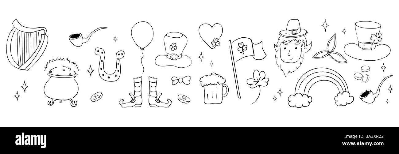 Decorazioni in stile doodle per il giorno di San Patrizio con decorazioni tradizionali. Arcobaleno, arpa, monete e trifoglio fortunato. . Illustrazione vettoriale Illustrazione Vettoriale