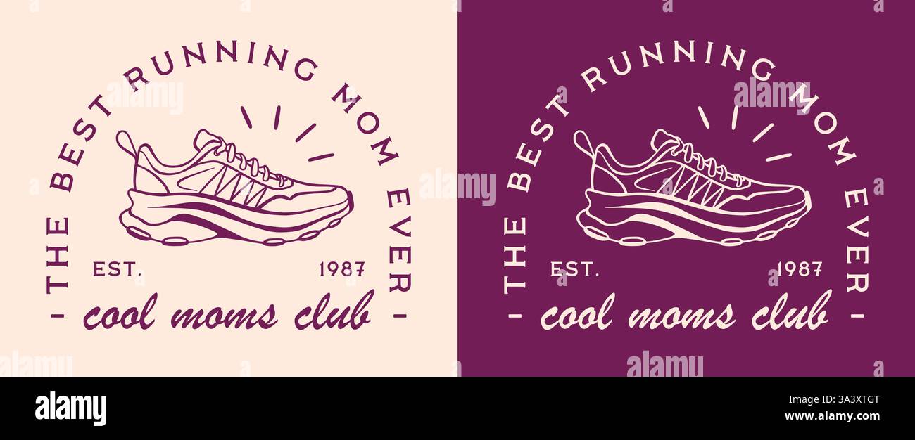 Il club delle mamme più cool della giornata della mamma e della corsa sportiva, divertente cita il miglior corridore di sempre, tema maratoneta, design della camicia di carte di credito dall'estetica retrò viola. Illustrazione Vettoriale