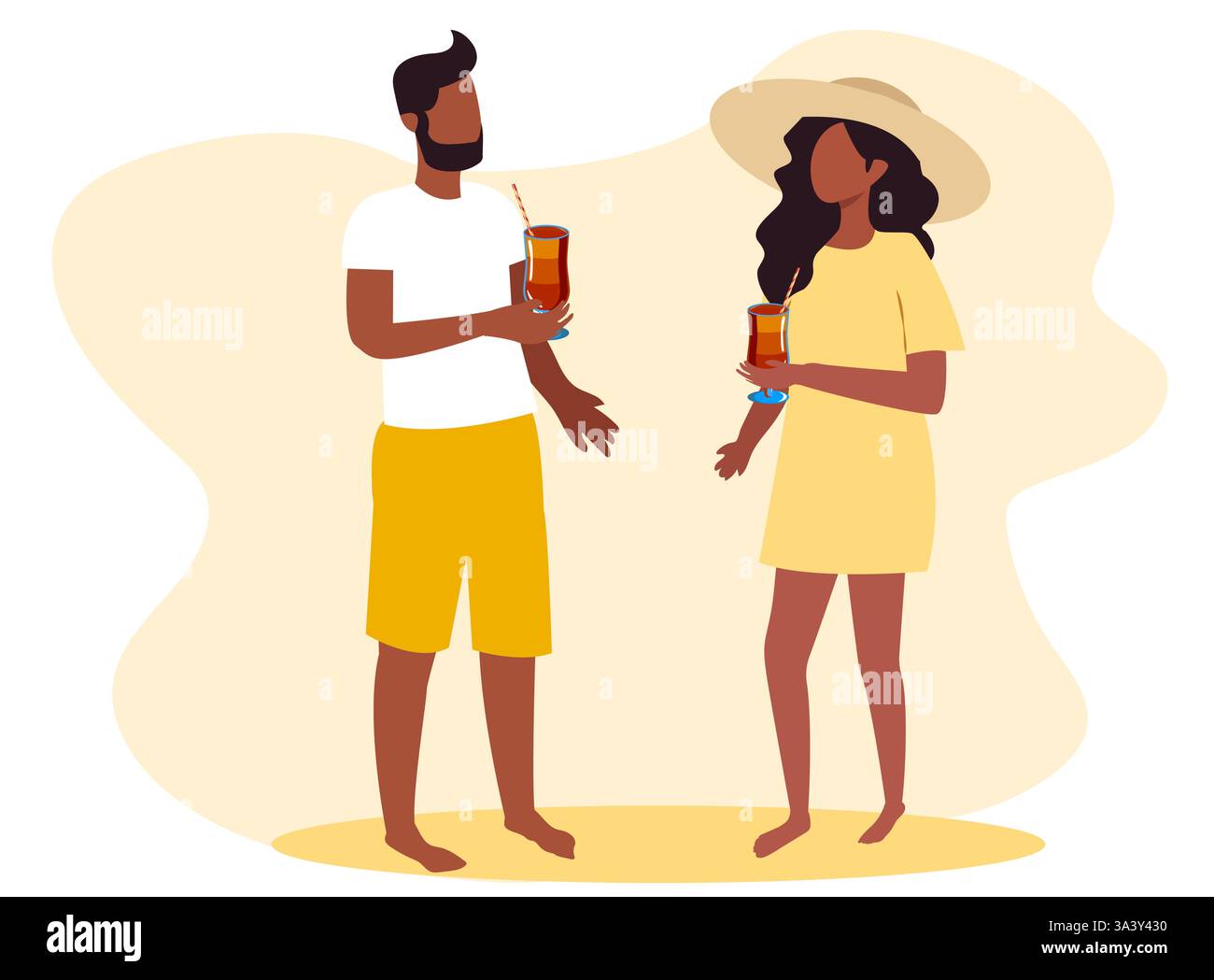 Giovani coppie che si godono un drink rinfrescante in una giornata estiva di sole in un ambiente luminoso e allegro all'aperto. Donna e uomo Illustrazione Vettoriale