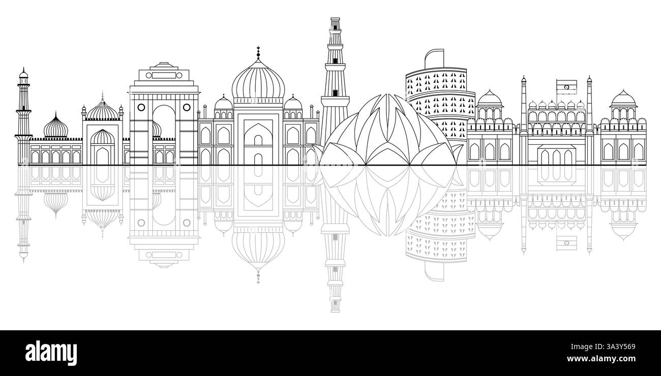 Banner India Travel Line con skyline della città Illustrazione Vettoriale