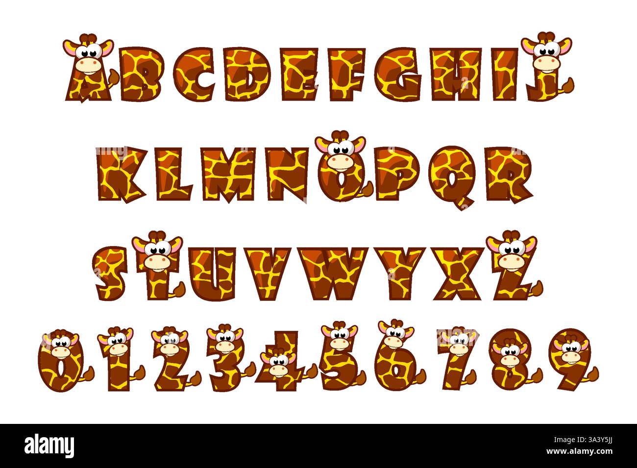 Caratteri giraffe. Set alfabeto cartoon. Alfabeto di stampa maculato di animali. Lettere e numeri decorativi dello zoo per bambini Illustrazione Vettoriale