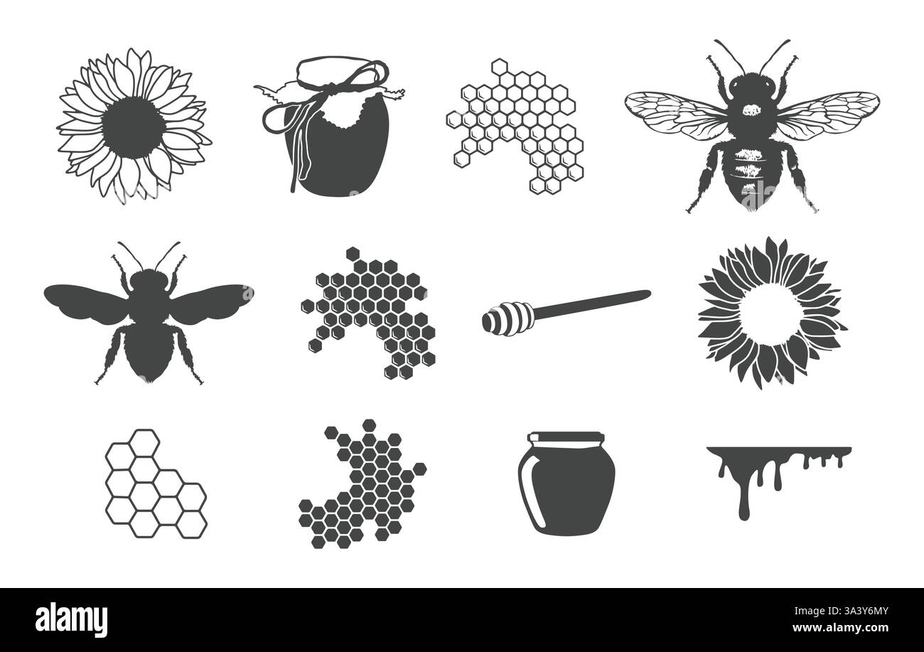 Fascio di api mellifere, vettore di api mellifere, vettore di api mellifere, icona di vaso di miele, fascio di api, silhouette a nido d'ape, silhouette a ape di miele. Illustrazione Vettoriale