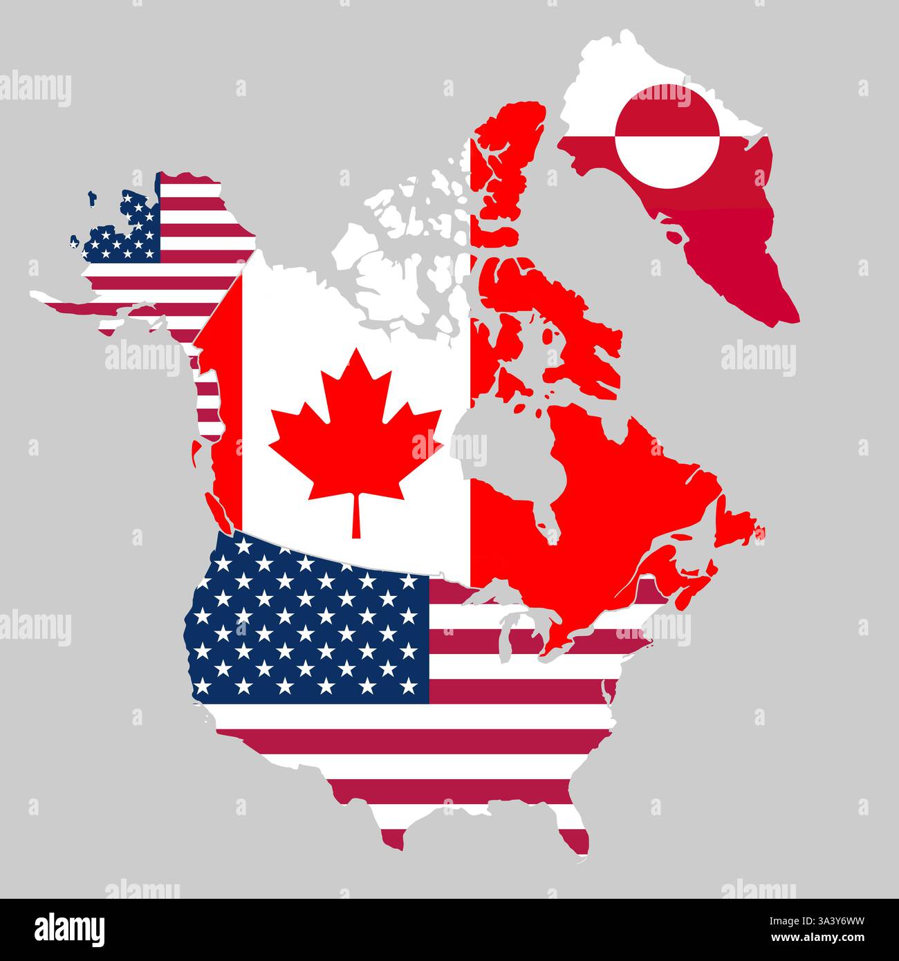 Mappa del Nord America con confini e bandiere colori di Stati Uniti, Canada e Groenlandia isolati su sfondo grigio Foto Stock