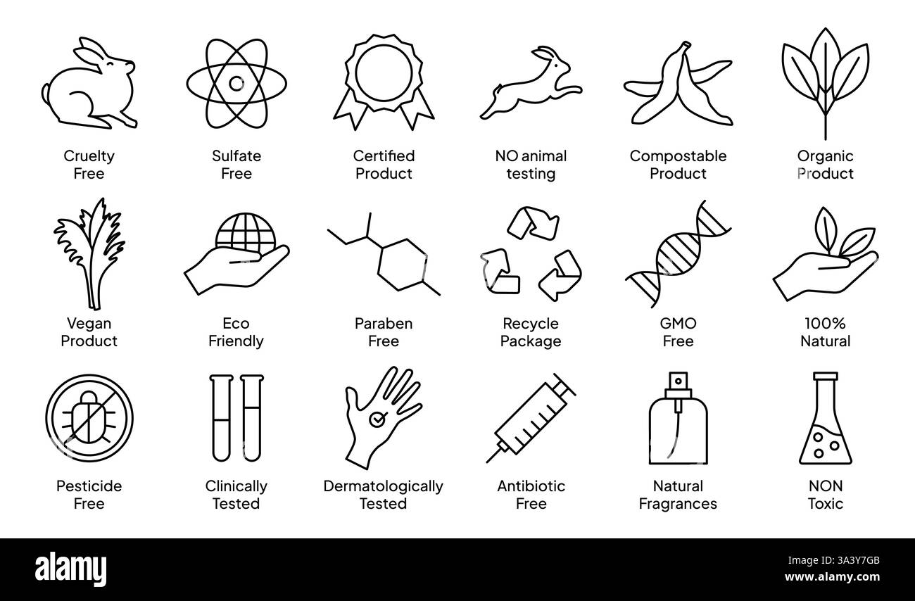 Icone cosmetiche, certificazioni e qualità dei prodotti Illustrazione Vettoriale