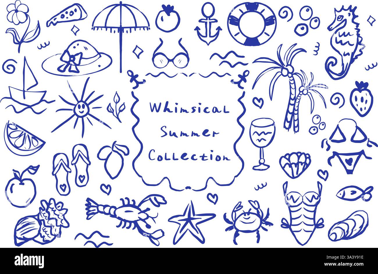 Stravagante Summer Vacation Collection disegnata a mano in stile doodle. Stampa costiera retrò. Conchiglia di mare blu su bianco. Sea LIFE background, Marine Set con Illustrazione Vettoriale