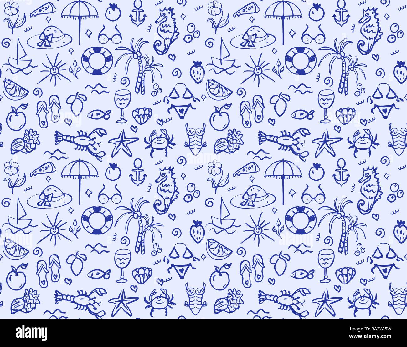 Stravagante modello Summer Vacation disegnato a mano. Stampa costiera retrò. Conchiglia di mare blu su bianco. Sea LIFE background, Marine Set con mare Illustrazione Vettoriale