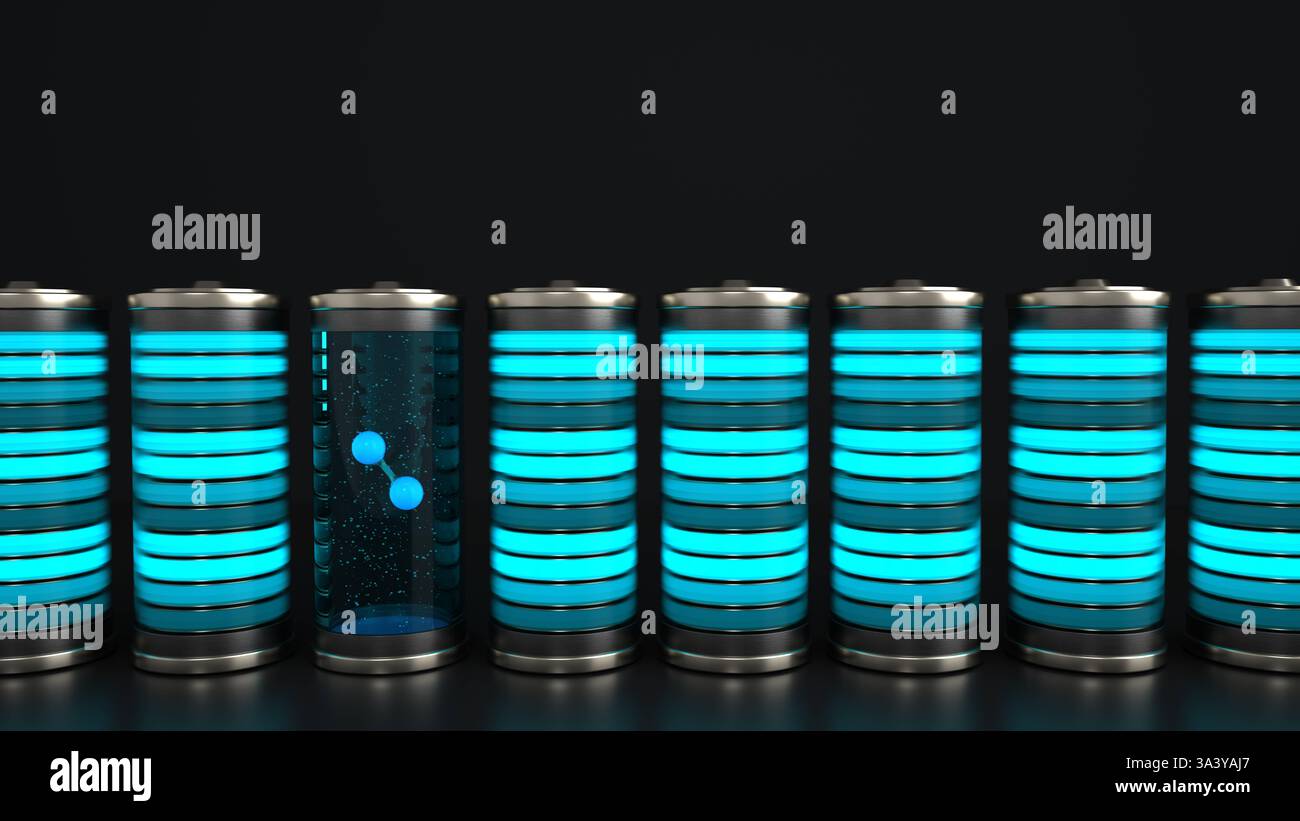 Illustrazione 3D livello della batteria H2 batteria ad alta tecnologia H2 batteria a idrogeno. Illustrazione 3D. Foto Stock