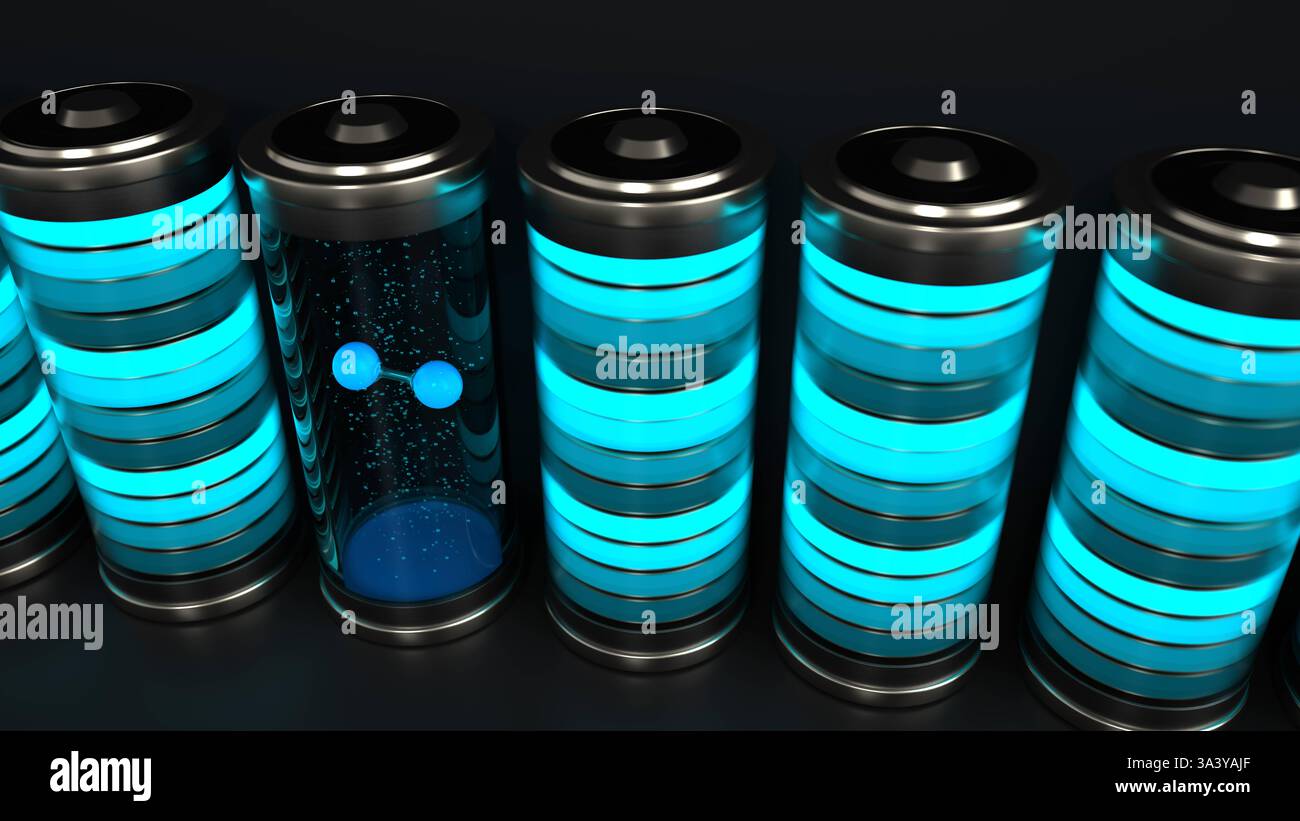 Illustrazione 3D livello della batteria H2 batteria ad alta tecnologia H2 batteria a idrogeno. Illustrazione 3D. Foto Stock