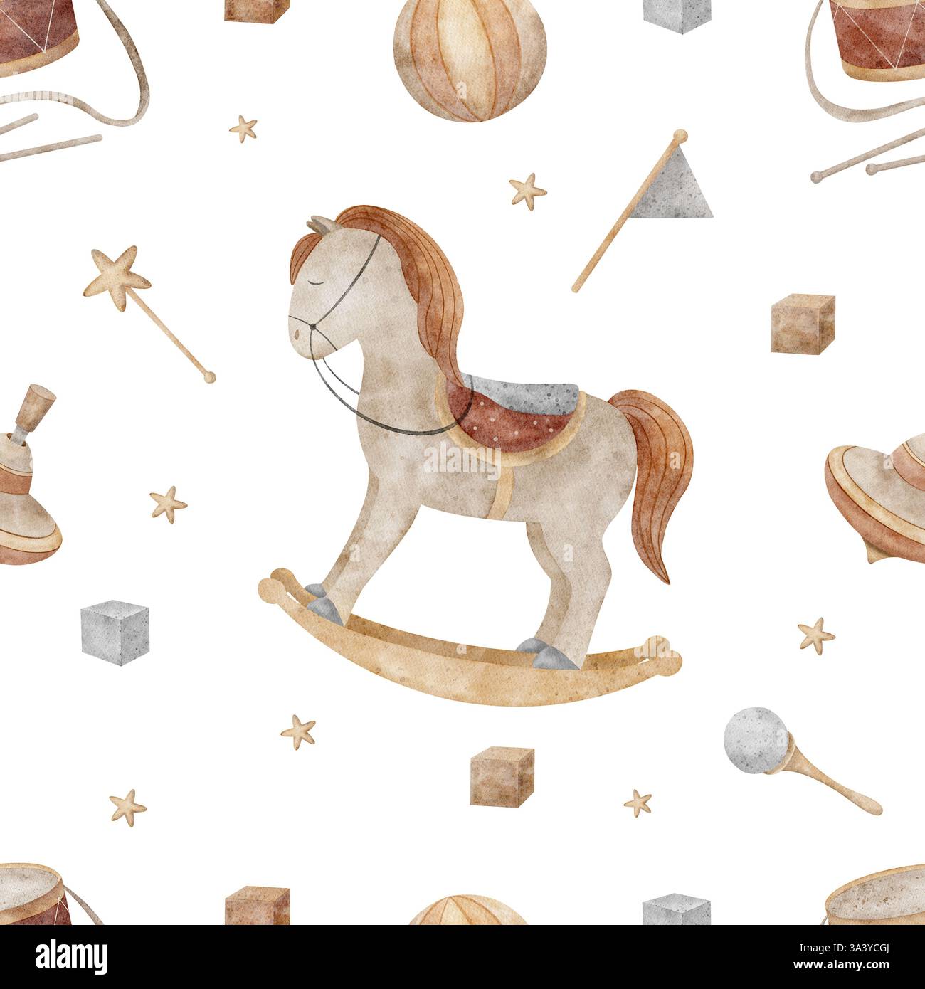 Altalena da cavallo con motivo senza cuciture con top per giocattoli vintage, palla, tamburo. Illustrazione acquerello su sfondo bianco in stile retrò per la stampa su bambini Foto Stock