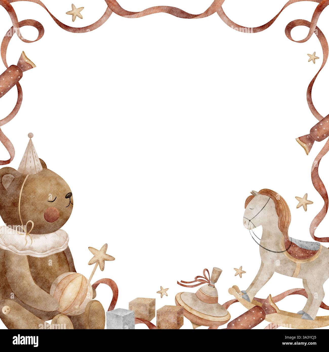 Cornice di orsacchiotto in berretto da festa con giocattoli vintage, cavallo, altalena, palla, cubi e nastri rossi lungo il bordo. Illustrazione acquerello disegno a mano per Foto Stock