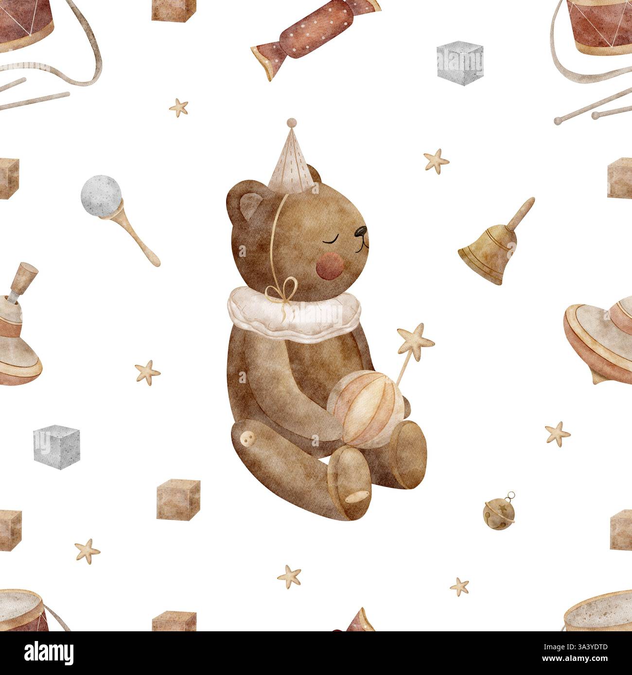 Giocattoli vintage con fantasia senza cuciture orsacchiotto. Illustrazione acquerello su sfondo bianco in stile retrò per la stampa su tessuti, tessuti e imballaggi Foto Stock