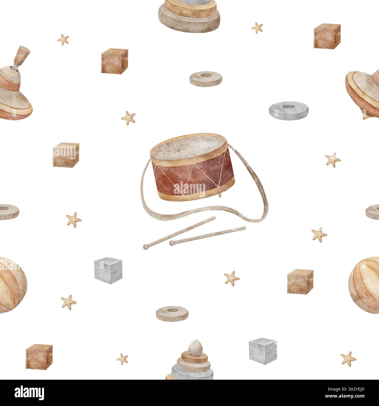 Top, palla, tamburo, piramide, cubi per bambini vintage con fantasia senza cuciture. Illustrazione acquerello su sfondo in stile retrò per la stampa su bambini Foto Stock